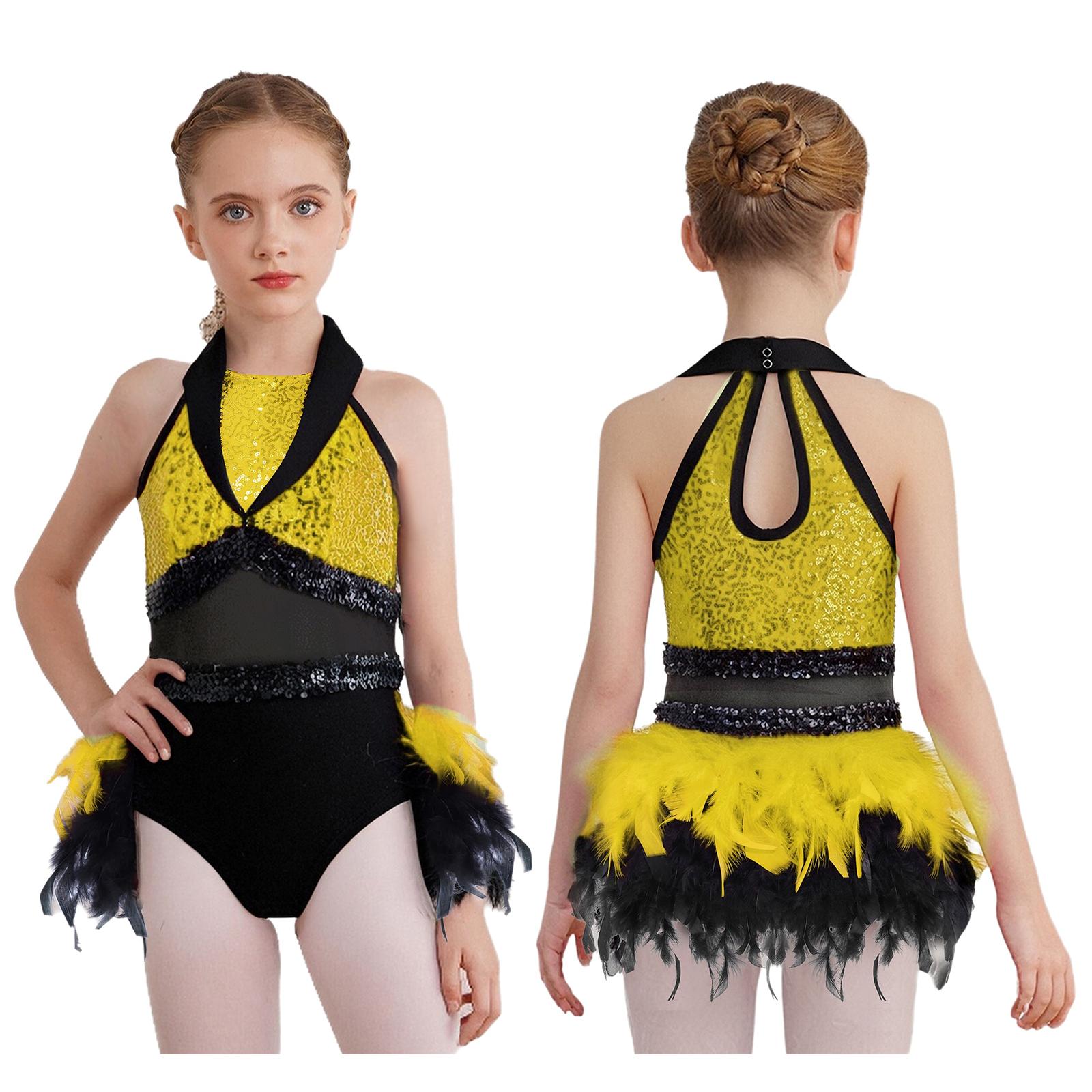 

Girls Jazz Dance Leotard Turn-Down Collar Sleeveless Sheer Mesh Keyhole Back Shiny Sequins Feather 7-8 Years жовтий