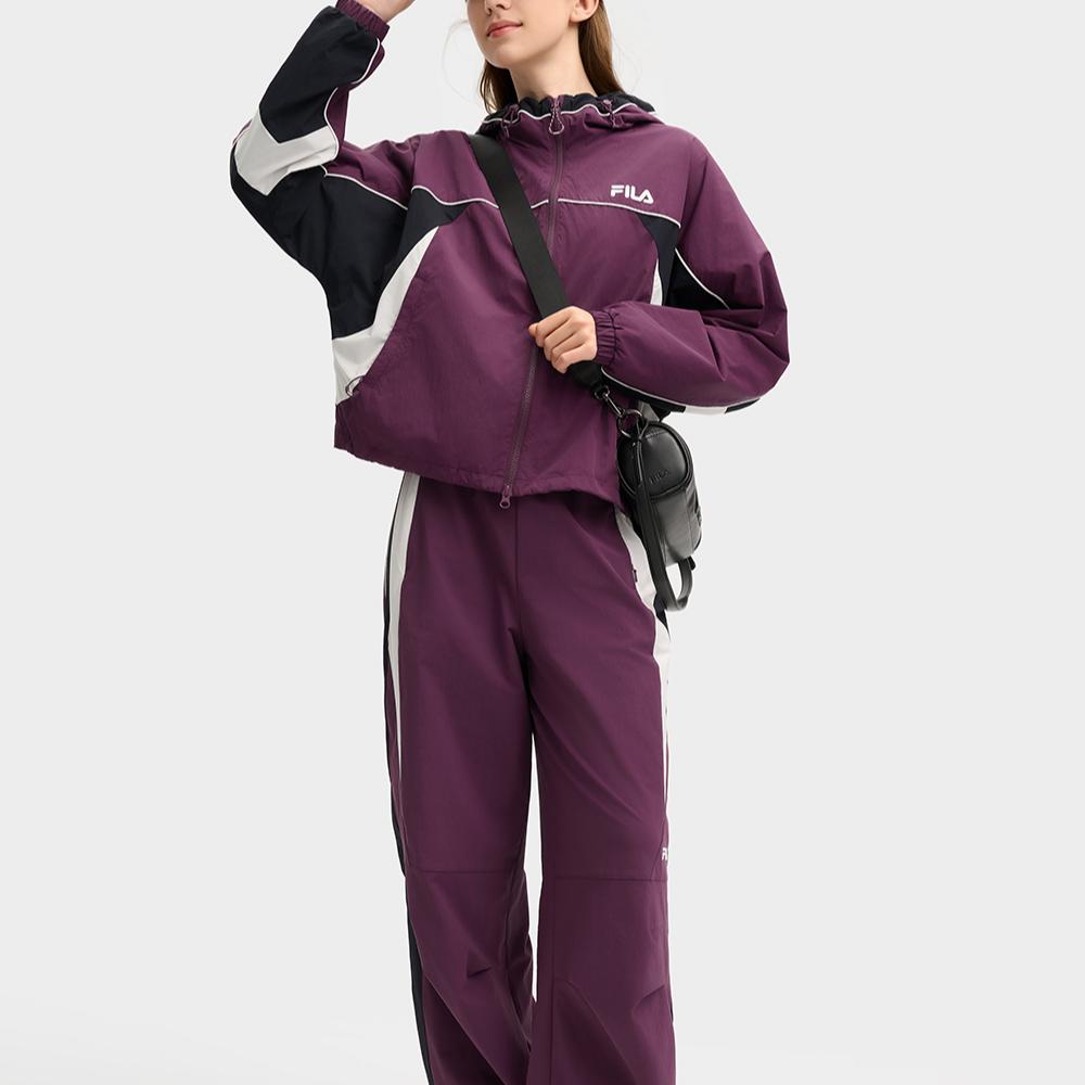 FILA Fashionable Sports Versatile Casual Loose Color-Block Hooded Woven Jacket Women jackets Italian-Purple F11W519704FPU