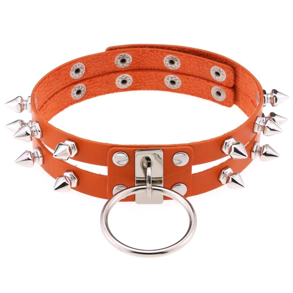 Double Line Rivet Spiked Choker, Cool Punk Hanging Ring Faux Leather Neckband