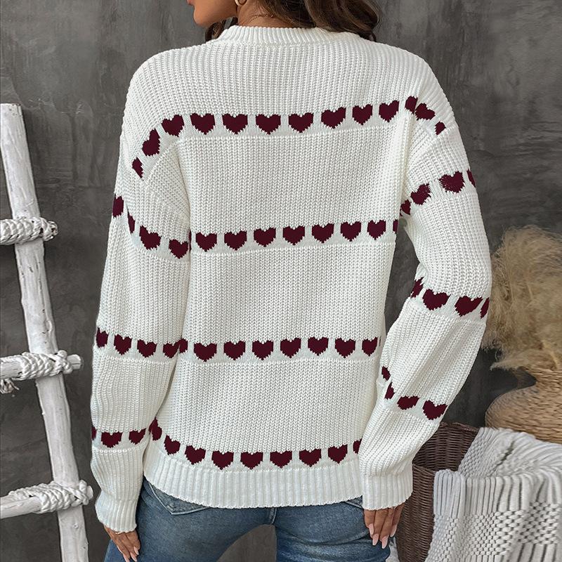 Neuer Herbst- und Winter-Valentinstag-Strickpullover im süßen Stil, lockerer Rundhals-Jacquard-Pullover mit Herzmuster für Damen