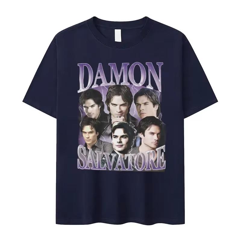 Damon Salvatore IanSomerhalder TV Drama Pattern Tshirt for Men Women Retro Gothic Fashion Oversized Shirt Short Sleeve Casual Clothing