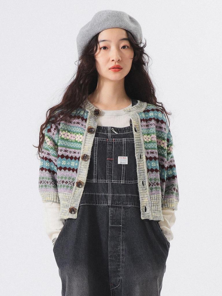 Beams Boy Women's Fair Isle Knit Vest, 5/8 Sleeve Cardigan, Gray, One Size