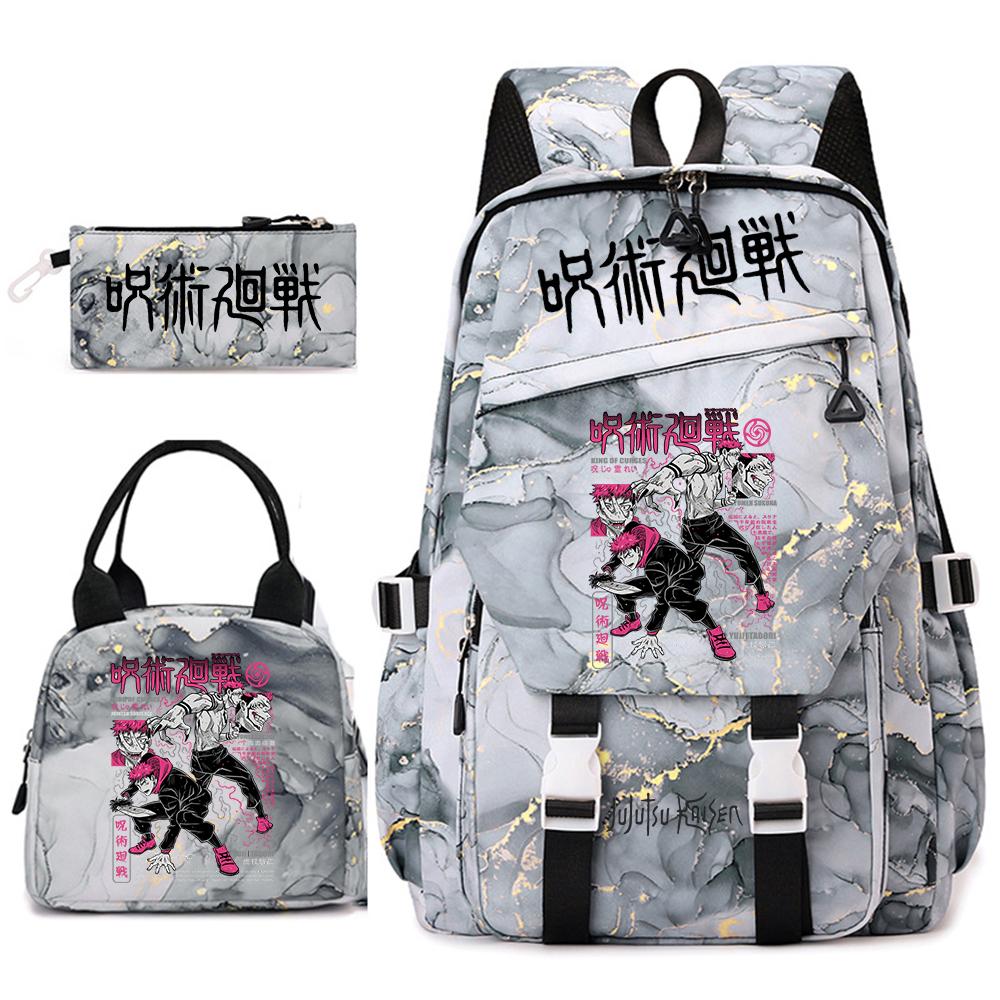 Anime Jujutsu Kaisen Backpack Set for Girls 3pcs School Bookbag Lunch Bag Pencil Case Casual Travel Rucksack