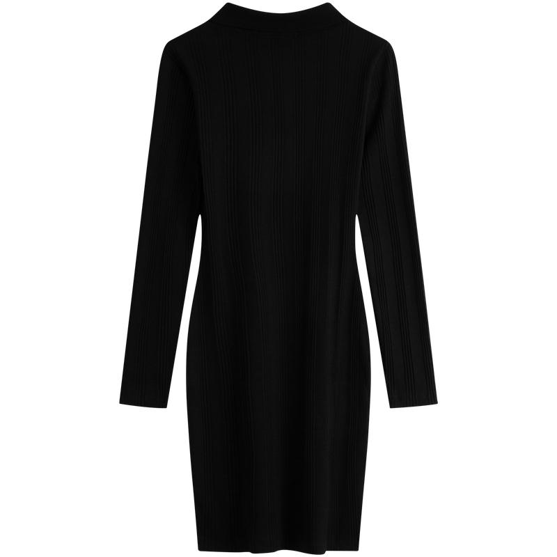 Calvin Klein Casual Commuter V-Neck Polo Black Knit Long Sleeve Dress Women Dresses Space-Black ZW02583