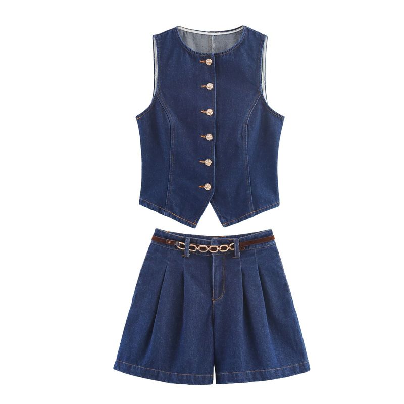 Kaslead New Women Clothes Western Style Gold Button Denim Vest Shorts 6164109 6164112