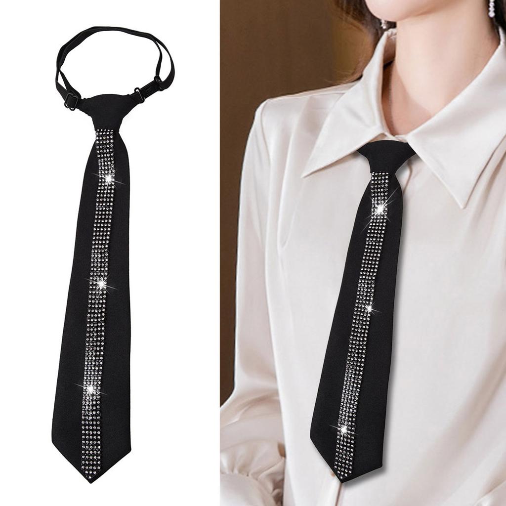 Elegant Women's Adjustable Pre Tied Black Necktie with Rhinestones Embellishments for Formal Event and Casual Wear
