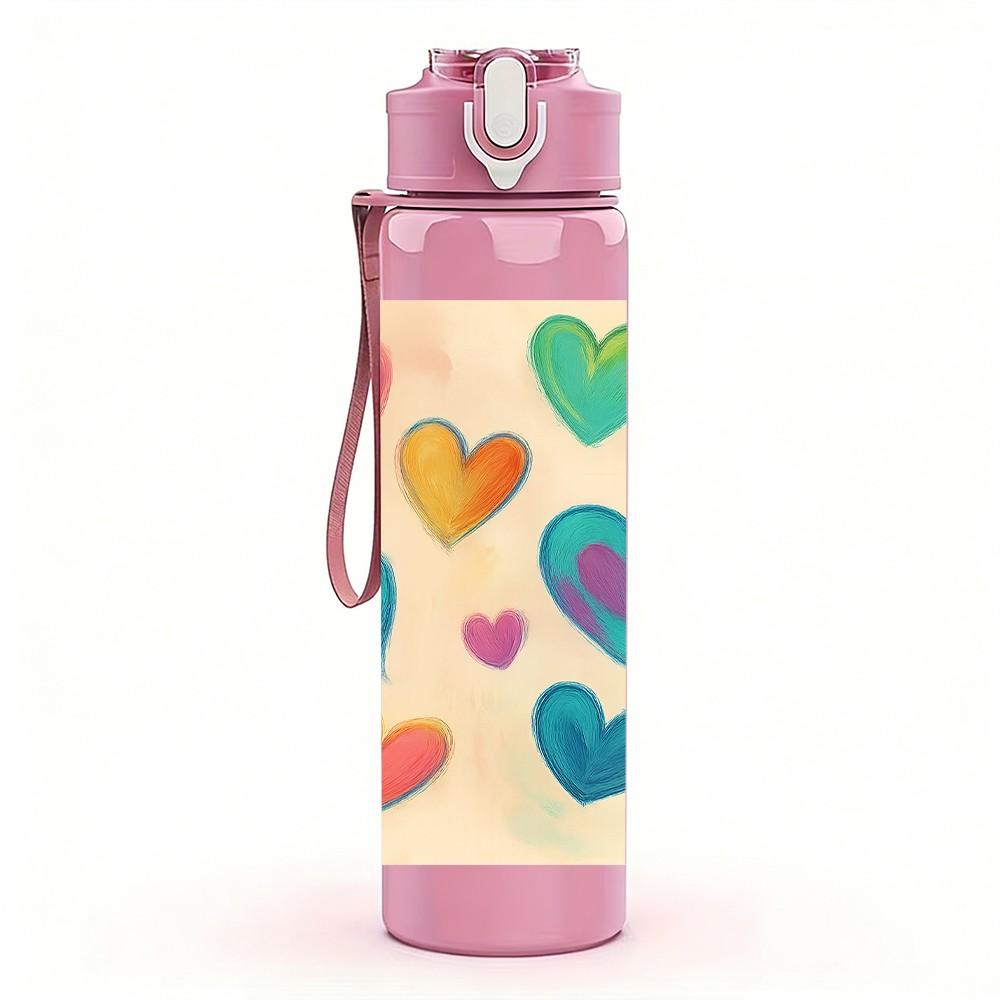 1PC Multicolored Hearts Pattern 750ml Color Plastic Sports Water Bottle Leakproof Flip Straw Lid Suitable for Sports Office Home Use