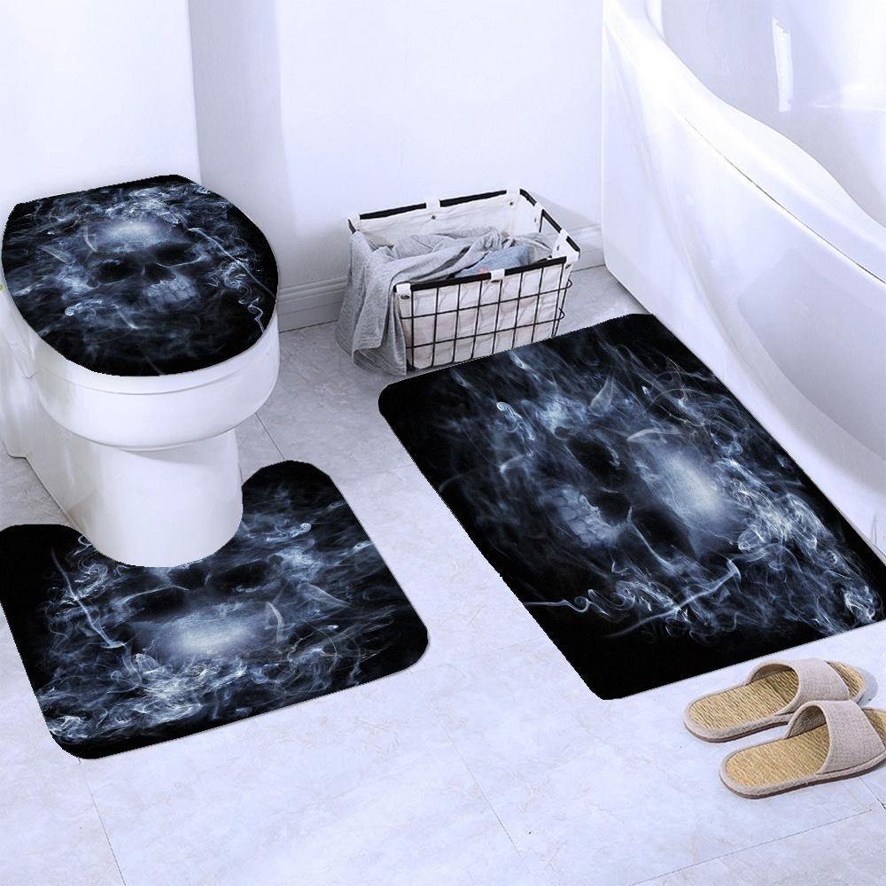 Black Skull Skeleton Printed Shower Curtain Set Horrible Halloween Festival Bathroom Decor Pedestal Rug Lid Carpet Toilet Cover