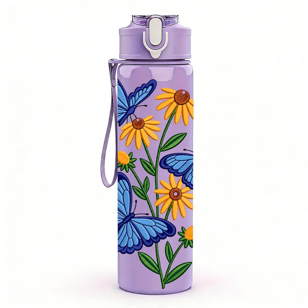 1PC Blue Butterfly Daisy Floral 750ml Color Plastic Sports Water Bottle Leakproof Flip Straw Lid Suitable for Sports Office Home Use
