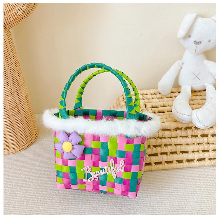 Stylish Children's Woven Handbag Colorful Crochet Tote Bag For Girls With Floral Design