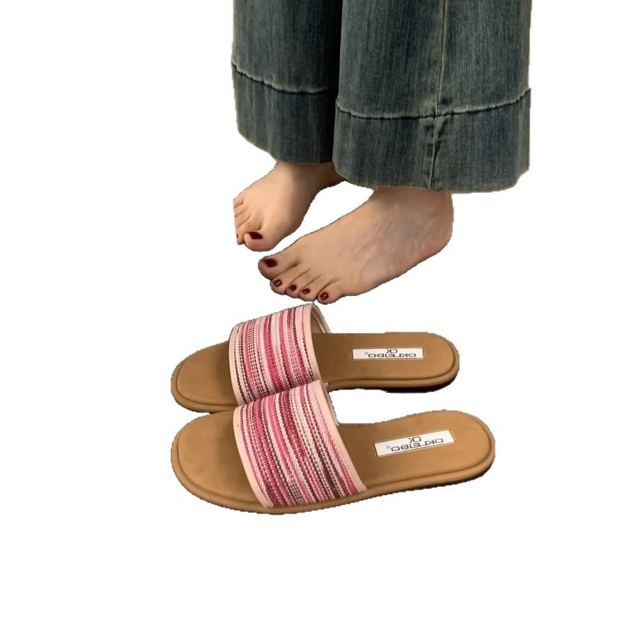 Ethnic style woven word with flat bottom slippers women's summer wear 2025 new bohemian casual beach sandals