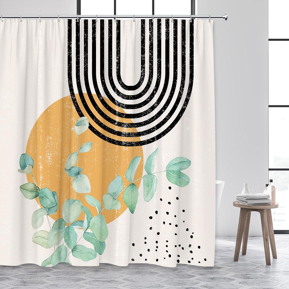 Mid Century Shower Curtains Watercolor Green Leaves Black Line Creative Geometric Modern Bathroom Curtain Polyester Decor