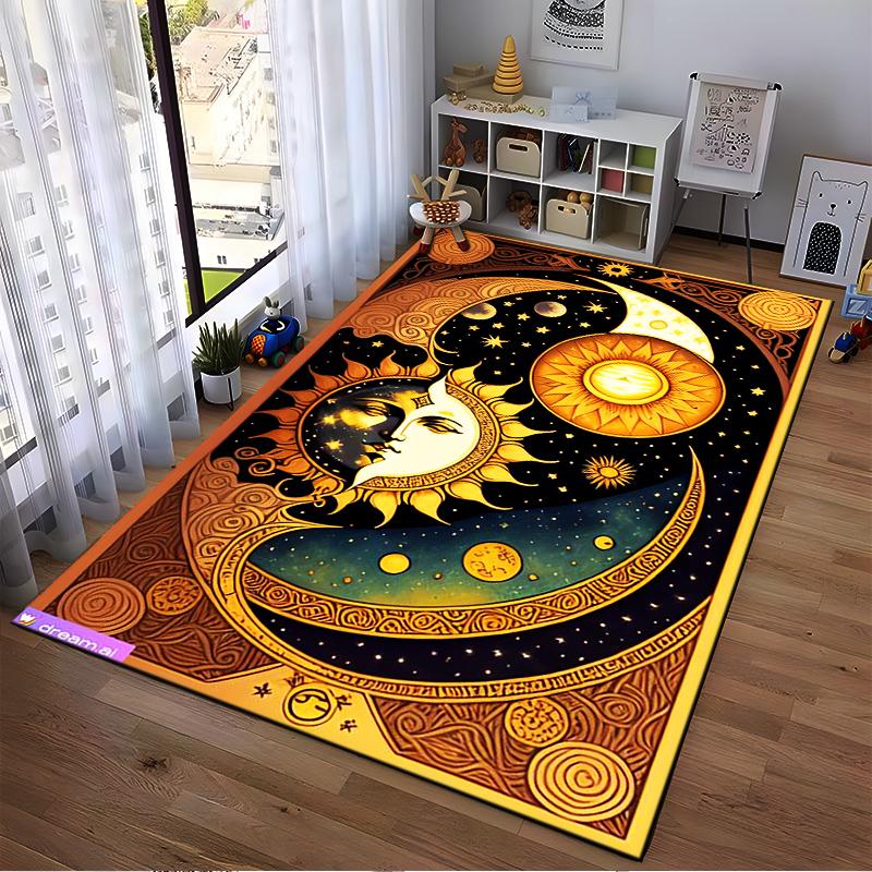 Sun and Moon Yin-Yang Themed Carpet with Cosmic Starry Pattern Suitable for Use As an Anti-slip for Living Room Bedroom Sofas