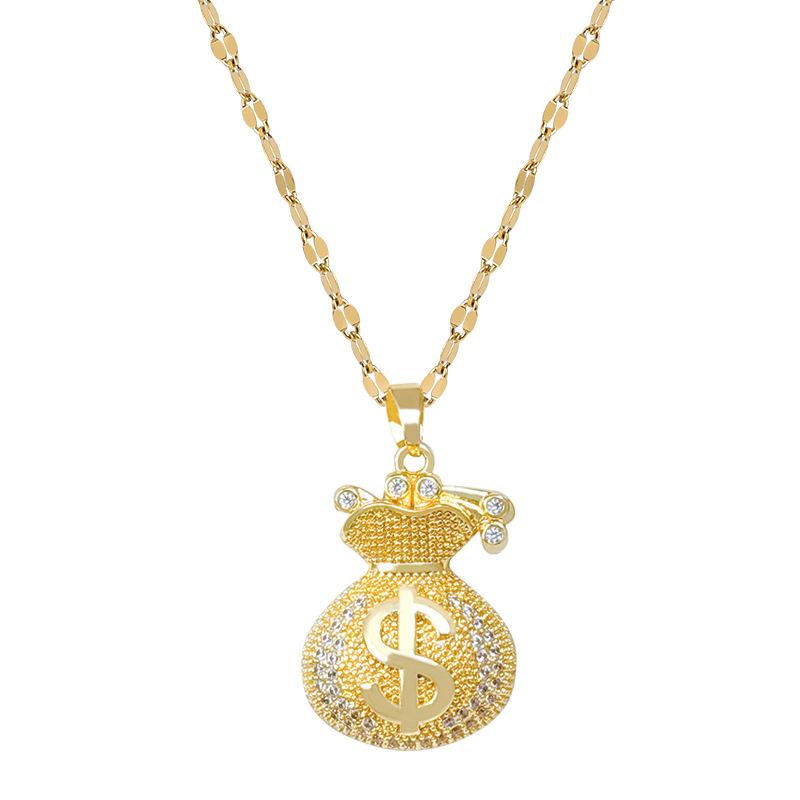 Full Diamond Money Bag Lucky Bag Light Luxury Temperament Gorgeous Full Diamond Necklace Female Versatile Collarbone Chain Titanium Steel Chain