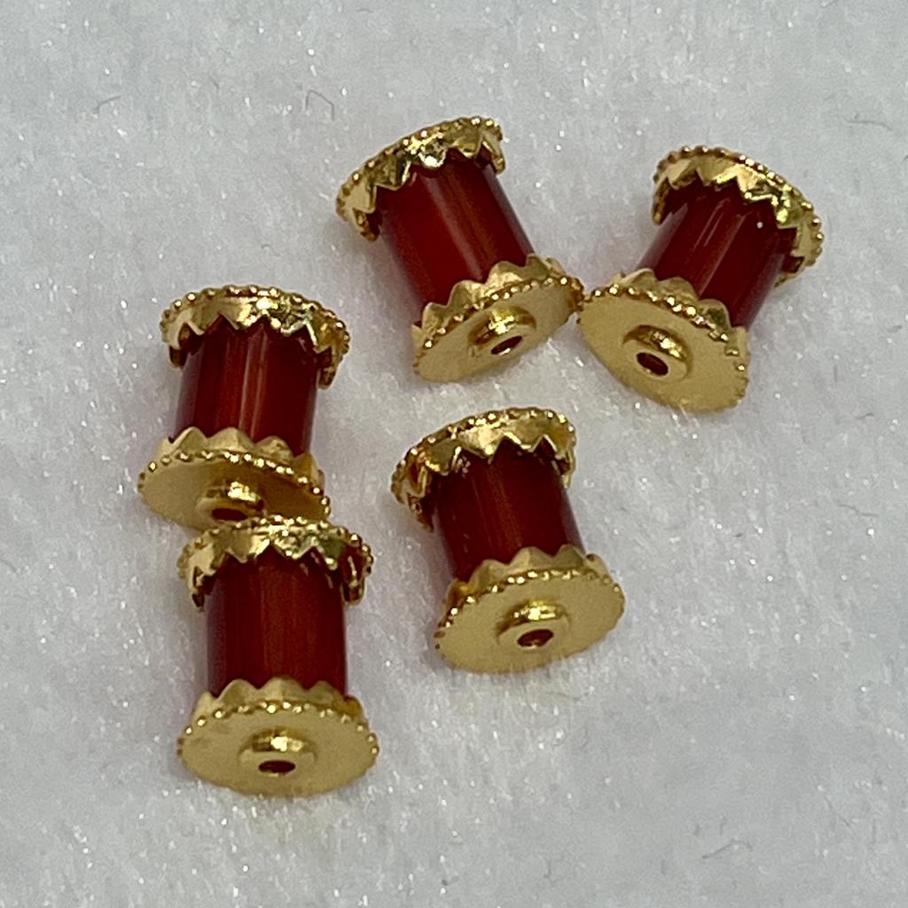 2 Stück, Natursteinperlen mit großem Loch und goldenen Akzenten, Boho zylindrische roter Achat Perlen, 0,9×1 cm, für DIY Halsketten Zubehör, Schmuckherstellung Geschenke