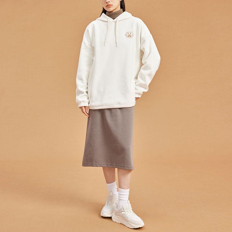 Anta Lifestyle Series FW22 Solid Color Paw Print Hoodie Fleece Long Sleeve Sweatshirt Women sweatshirt White 962248714-4