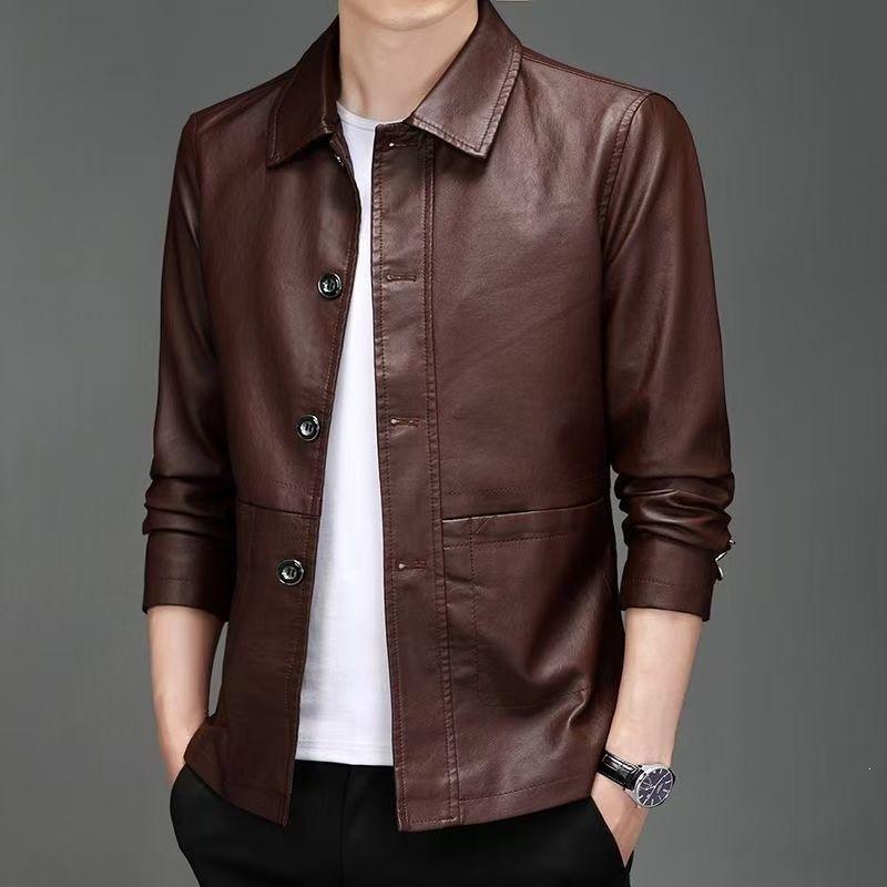 Men's sheepskin leather jacket trendy handsome casual velvet lapel middle-aged leather jacket dad jacket