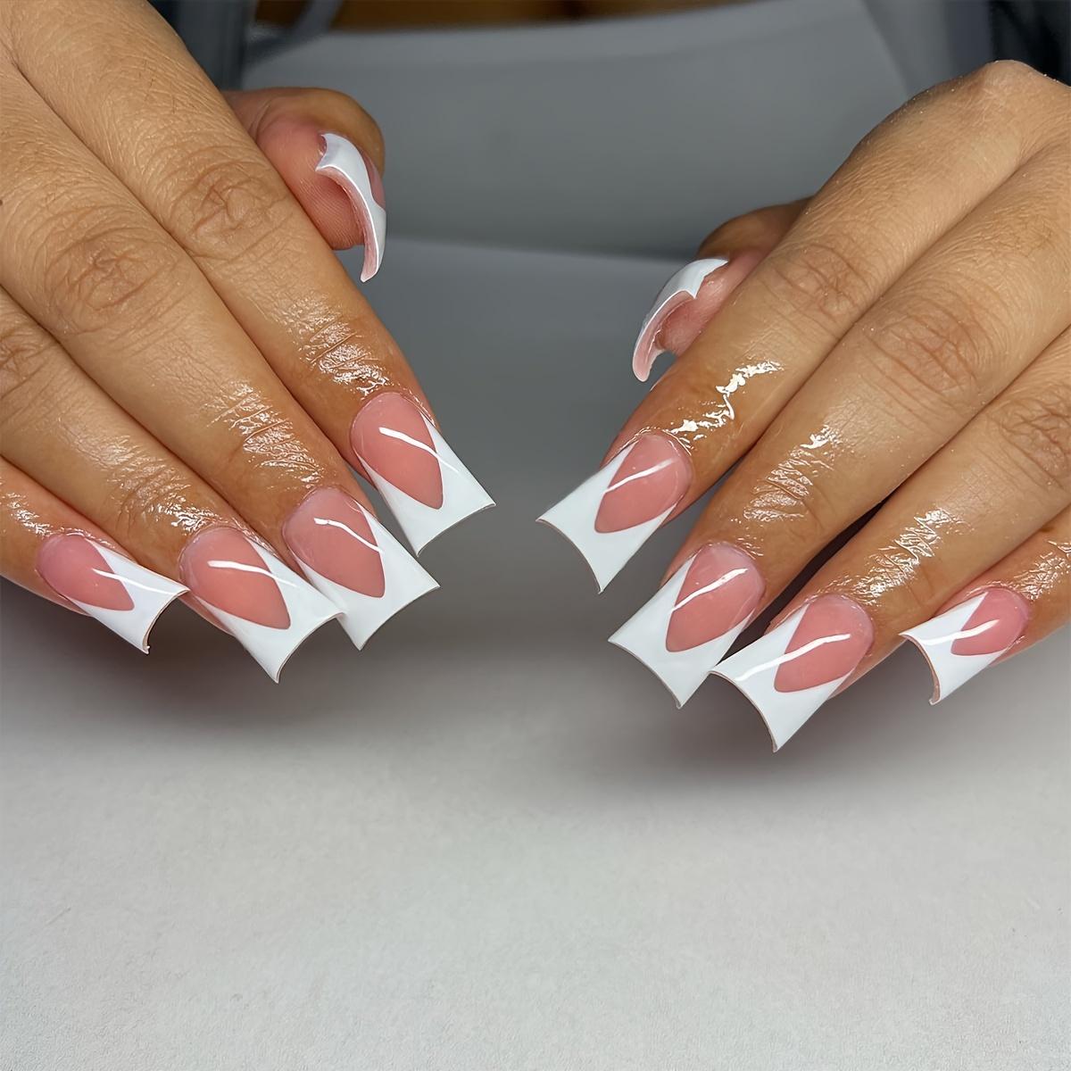 

24 шт., накладные ногти с уткой, средние белые накладные ногти с французским кончиком, глянцевые ногти телесного розоватого цвета с полным покрытием