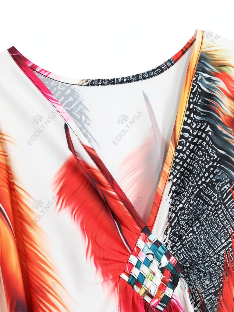 EDOLYNSA Plus Size Kaftan Bohemian Multicolored Leaves Printed Summer Long Beach Dress Women Homewear Outfit Swim Suit Cover Up Loose Caftan