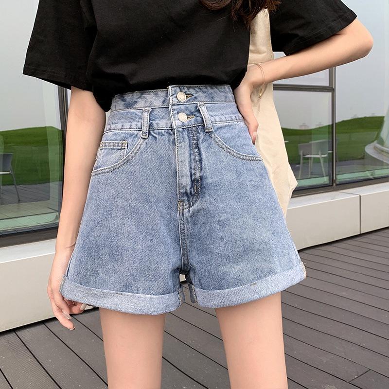 Cozy Denim Shorts Girls Women's Summer Loose Straight High Waist Wide Leg A-Line Street Style All-match White Pants