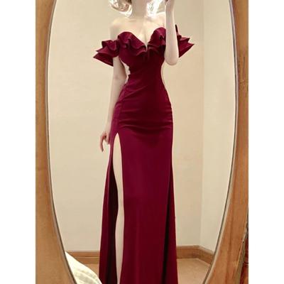 Vestido Maxi com Fenda Alta Vestido de Noite Ultra-longo Vestido Sem Alças de Um Ombro