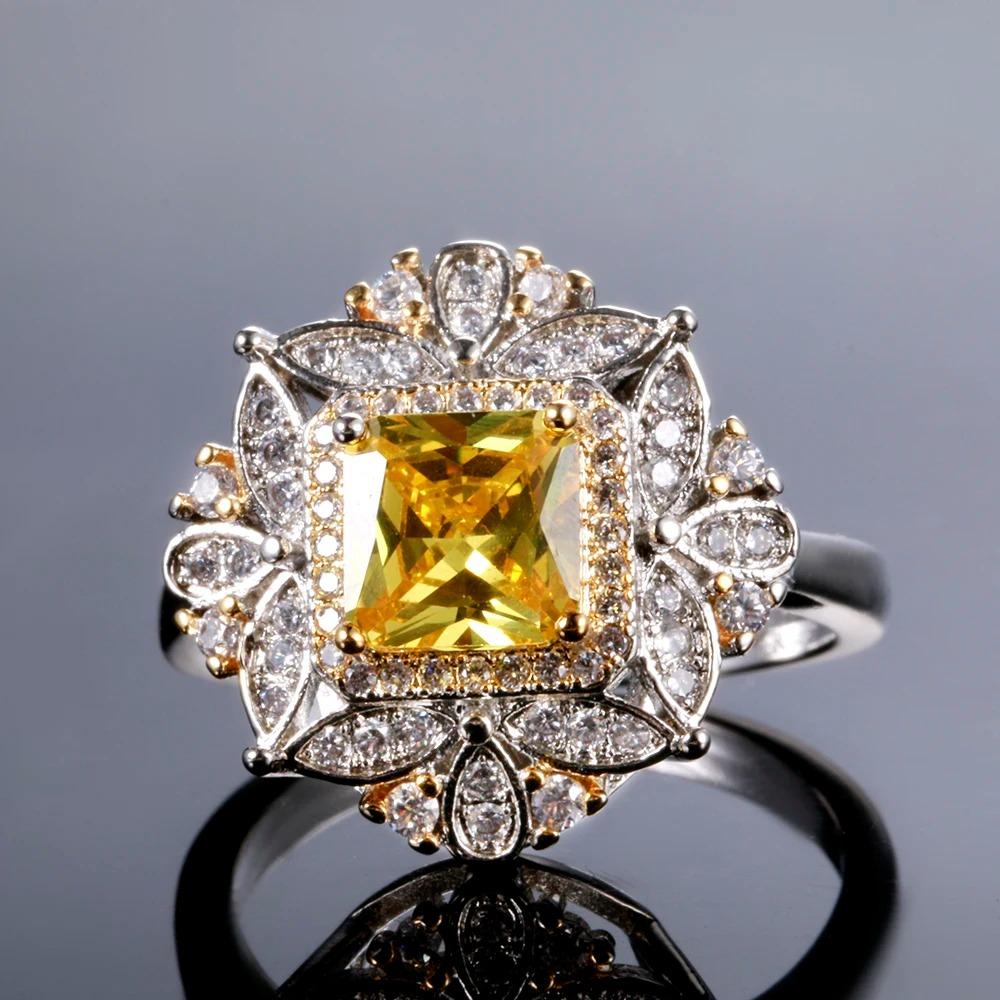 Square Created Citrine & Zircon Ring, CopperPlated Bridal Set, Wedding Engagement Anniversary Jewelry for Women