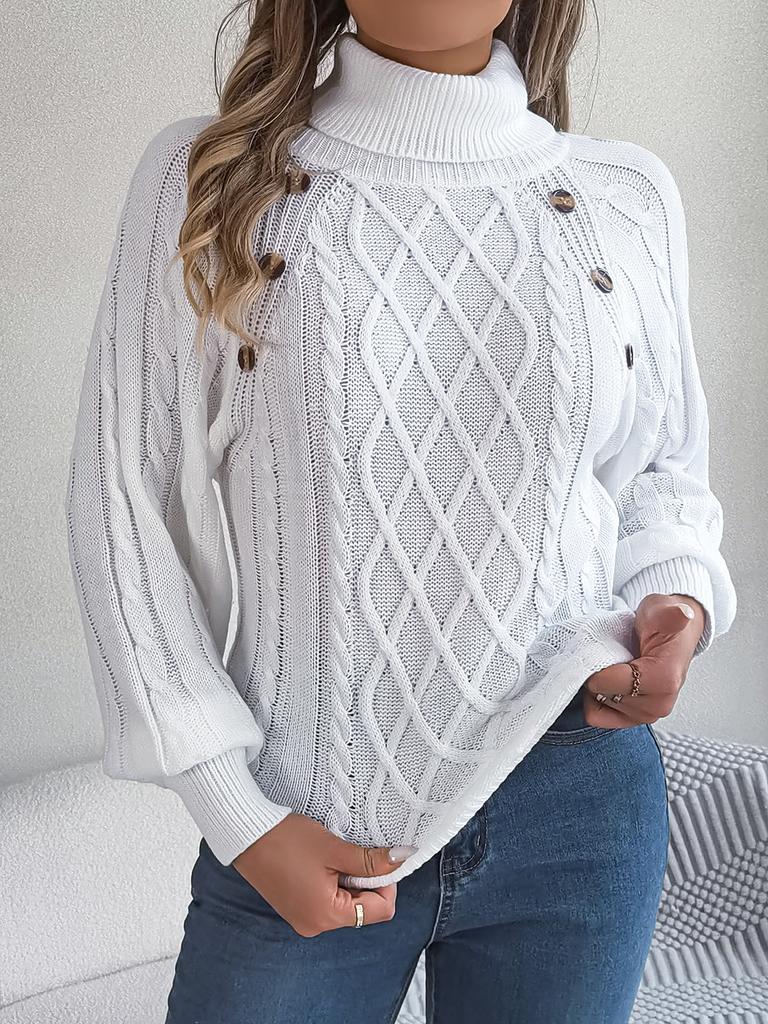 Herbst- und Winter-Freizeit-Unifarbener Knopf-Zopf-Rollkragen-Laternenärmel-Pullover, Damenbekleidung