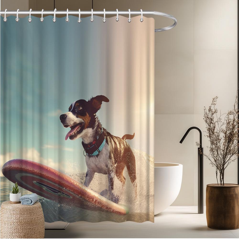 

Surfing Dog Shower Curtain - Playful Canine on Surfboard, Durable Fade-Resistant Polyester, Ideal for Bathroom & Bathtub Decor W90xH180cm