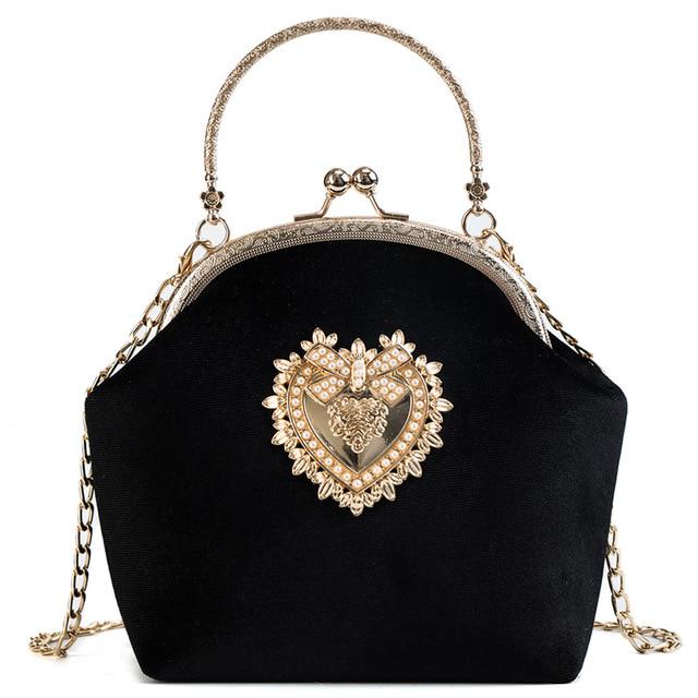 Gold Clip Crossbody Bags for Ladies Heart-shaped Metal Decoration Vintage Chain Shoulder Bag CLE