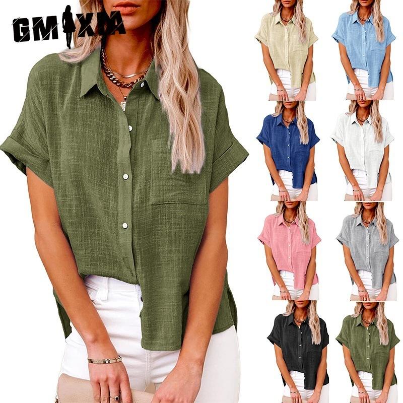 GMXIA Summer Women's Wear Solid-color Linen Shirt Short Sleeved Casual Loose Shirt