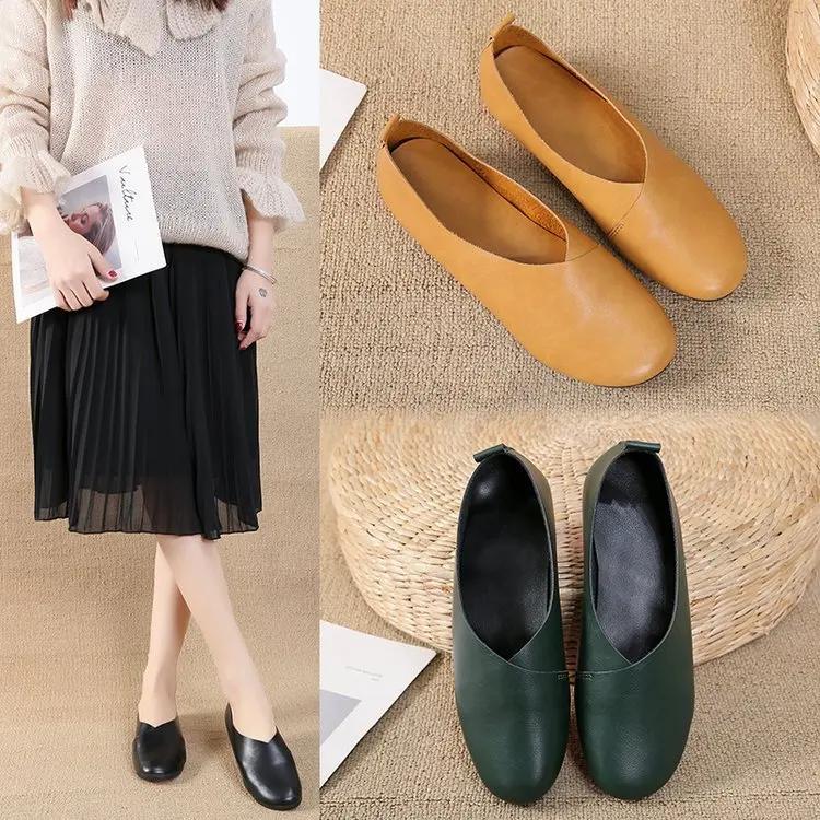 Vintage Handmade Shoes Leather Flats Women Shoes Shallow Mouth Casual Fashion Women Shoes Plus Size 2026