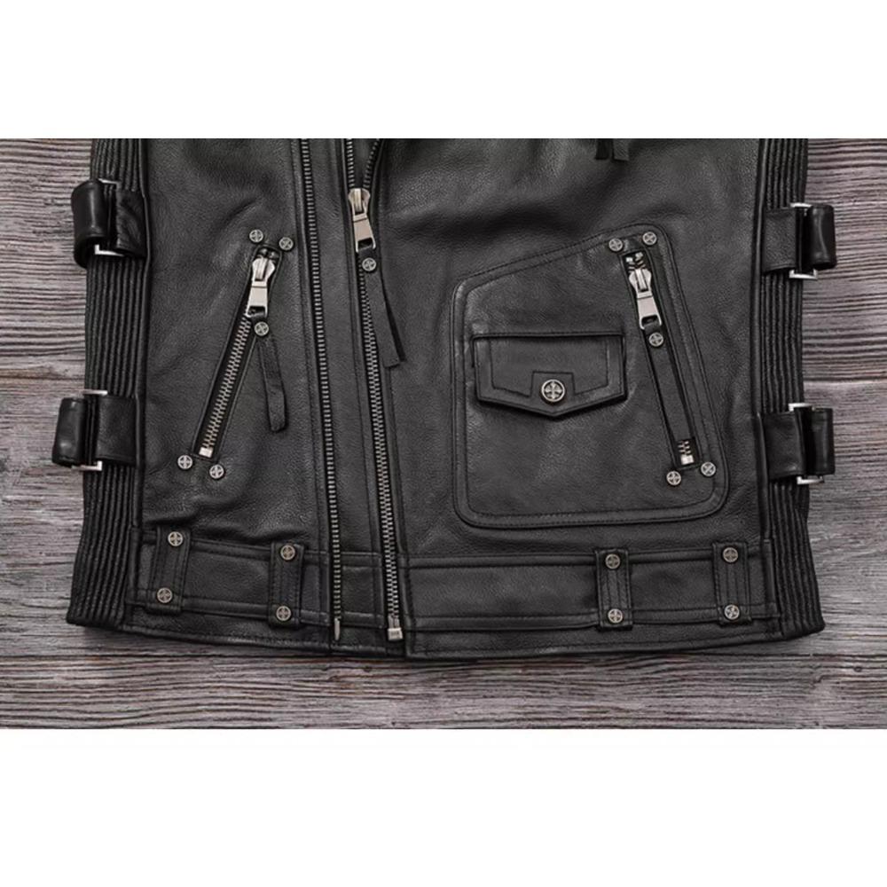 Chinese Size Biker Vest Top Layer Cowhide Leather Vest Men's Slim Short Motorcycle Clothing Riding Jacket Sleeveless Genuine Cow Club Vest
