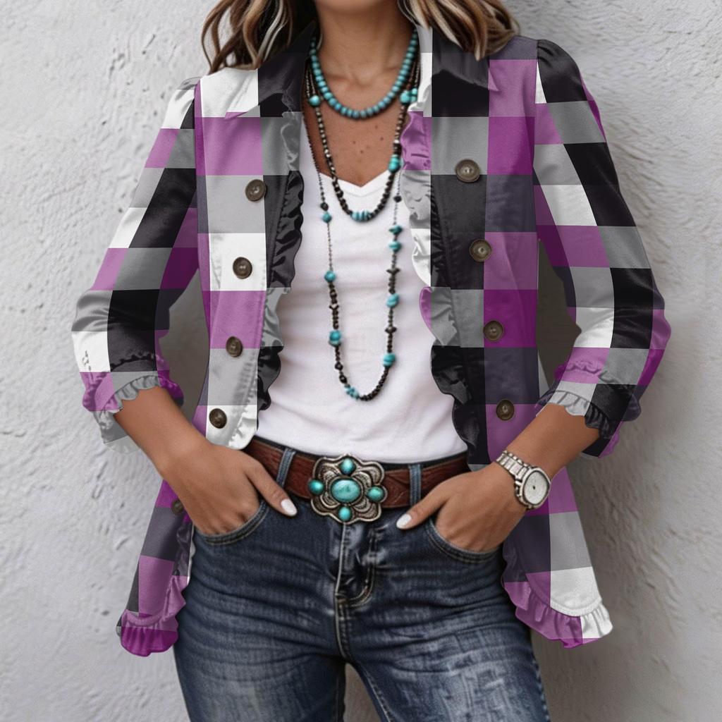 Women's Plaid Print Long Sleeve Ruffle Button-Down Top