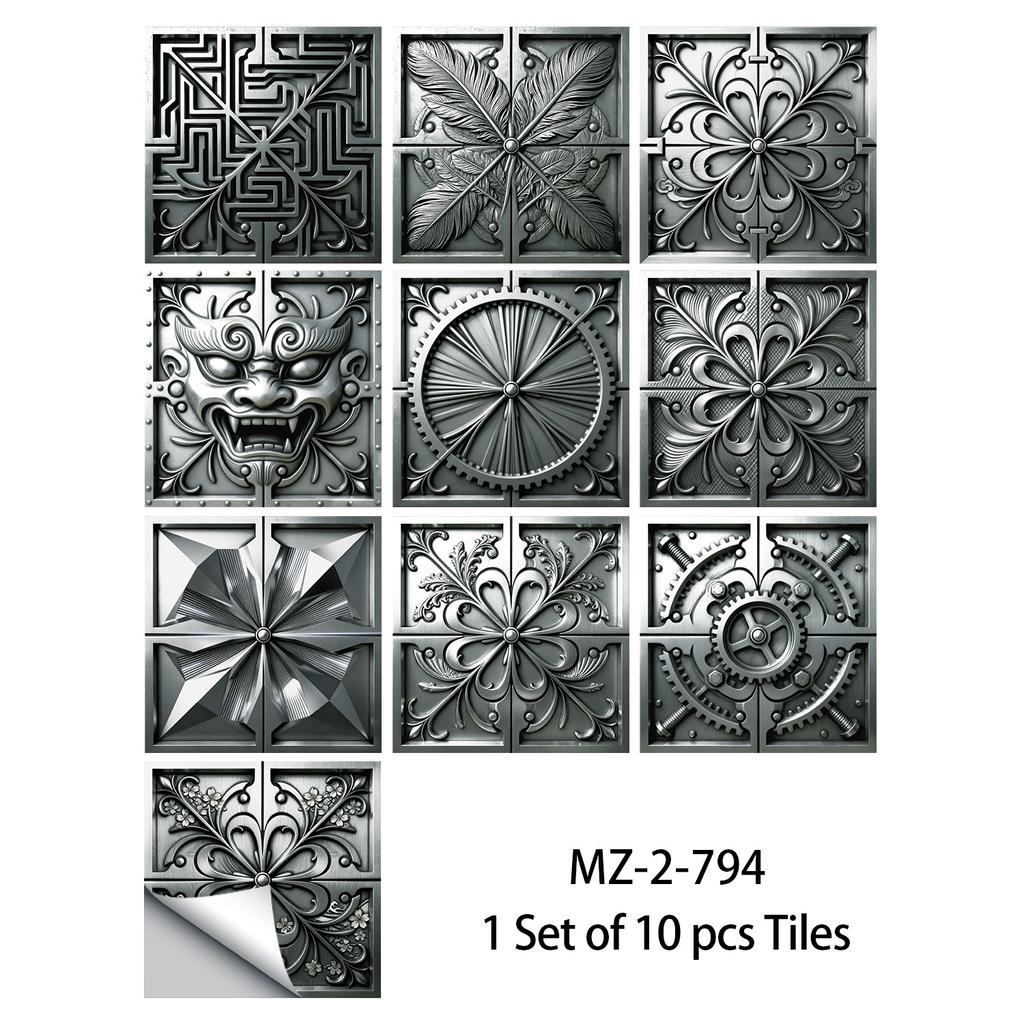 10Pcs 3D Metal Embossed Tile Stickers, Vintage Silver Floral PVC Wall Decals, Waterproof Self-Adhesive Crystal Film Decor for Kitchen Bathroom Floor