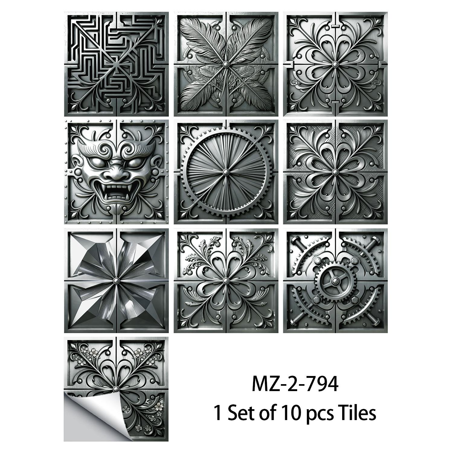 10 шт. 3D металлические тисненые плиточные наклейки, винтажные серебряные цветочные ПВХ настенные декали, водостойкие самоклеящиеся кристаллические пленочные декорации для кухни, ванной комнаты, пола 10cm×10cm×10pcs