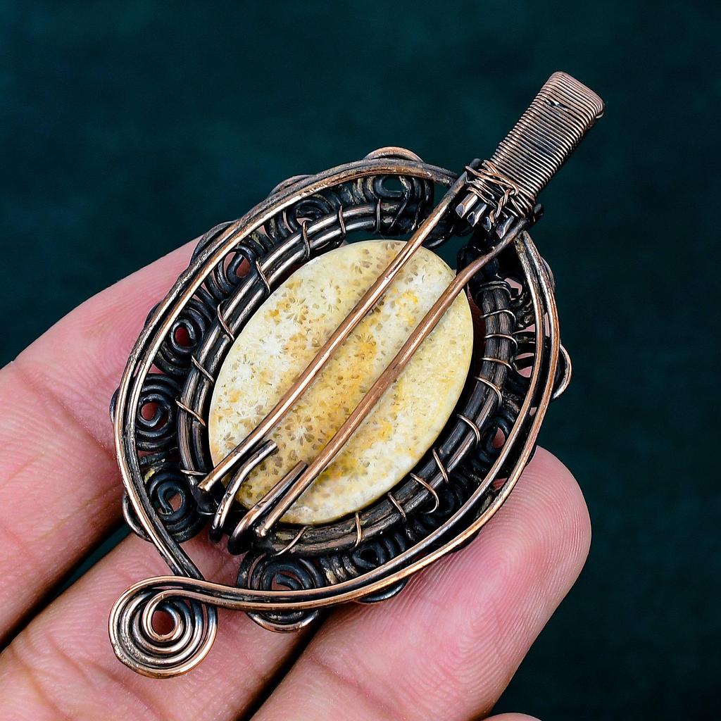 Fossil coral pendant handmade designer jewelry copper wire wrapping pendant natural gemstone jewelry unique jewelry stylish jewelry for gift