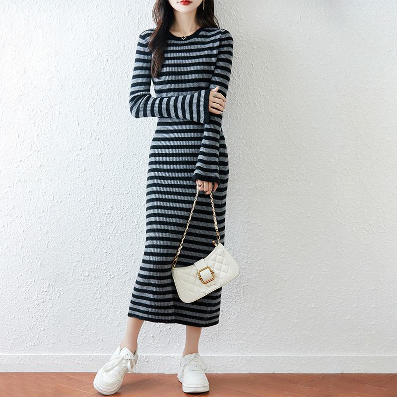 Women Sweater Dress 100% Wool MODERN NEW SAGA O-neck Striped Knit Long Pullover Winter Jumpers Wool Long Dress Female