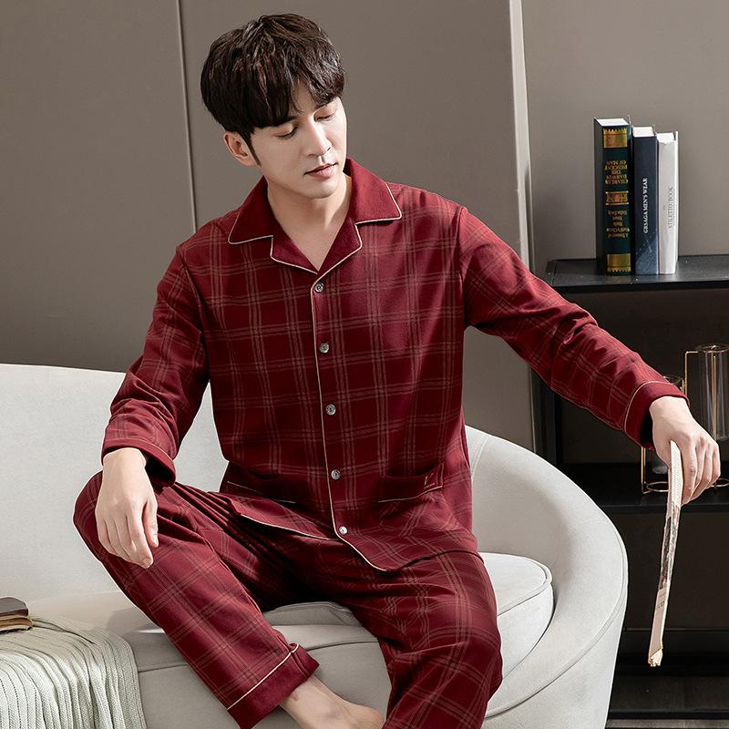 Pure Cotton Men's Pajamas Long-sleeved Suit Spring and Autumn Plus Size Youth Loungewear Autumn and Winter Plaid New Autumn Models