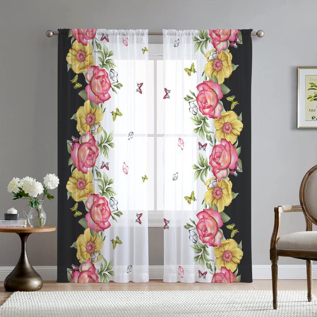 Romantyczna Różana Kwiatowa Żółte Kwiaty Przezroczysta Woalowa Zasłona do Salonu Domowej Kuchni Zielone Liście Motyl Okienna Tiulowa Zasłona
