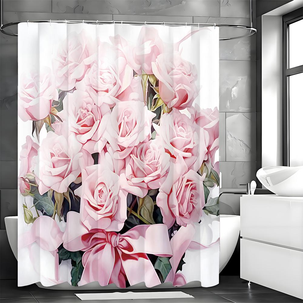 Mother's Day Pink Rose Bouquet Bow Shower Curtain, Bathroom Decorative Shower Curtain, Waterproof Shower Curtain with Hooks