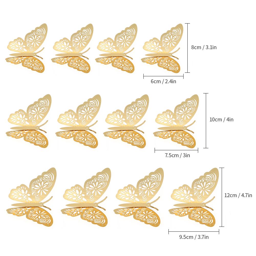 12pcs/set Vivid 3D Butterfly Wall Stickers Removable Mural Stickers DIY Art Wall Decals Decor with Glue for Bedroom Wedding Party--Gold