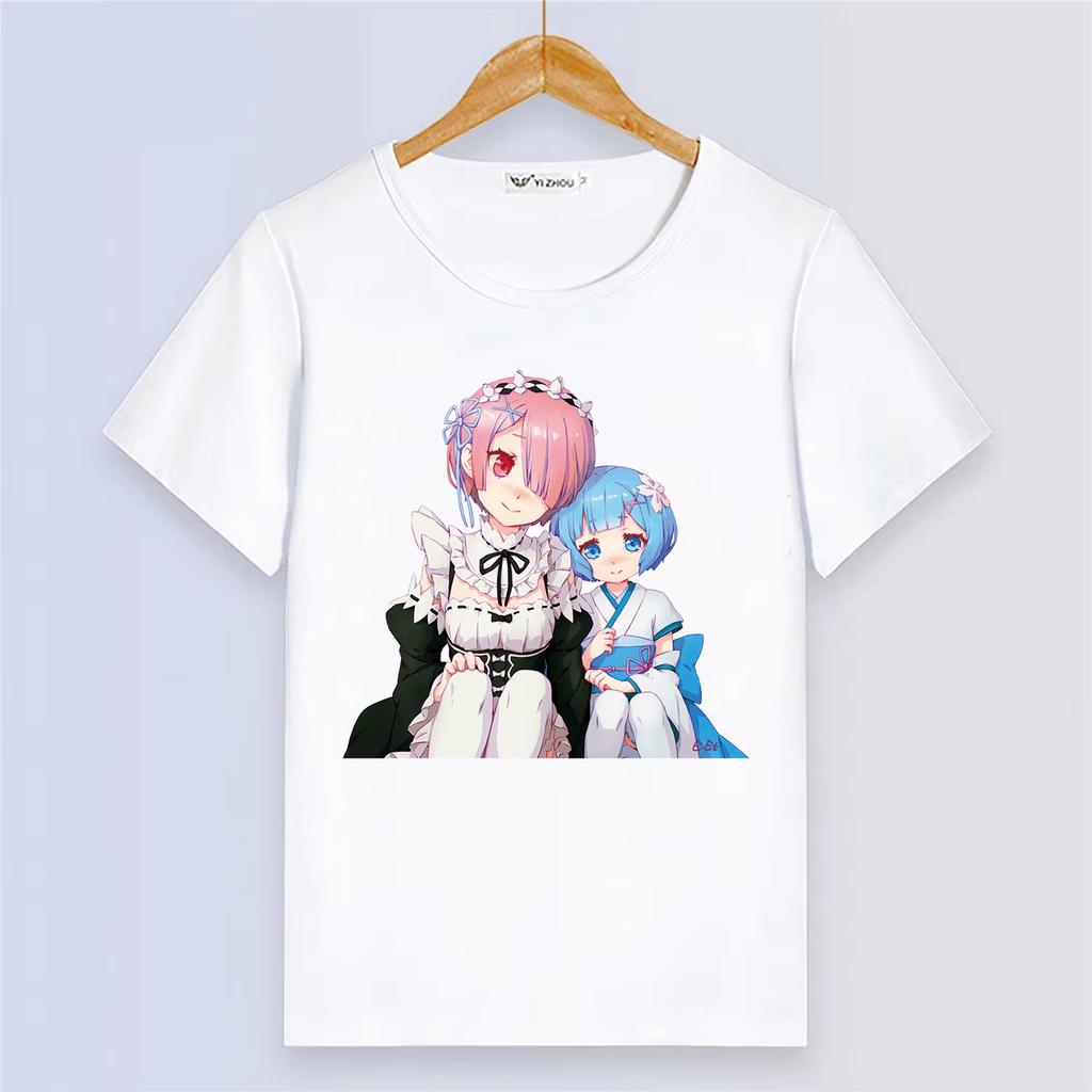 Anime Rem Ram Emilia Summer Short Sleeve Cartoon Print White Breathable Top Women And Men T-Shirt
