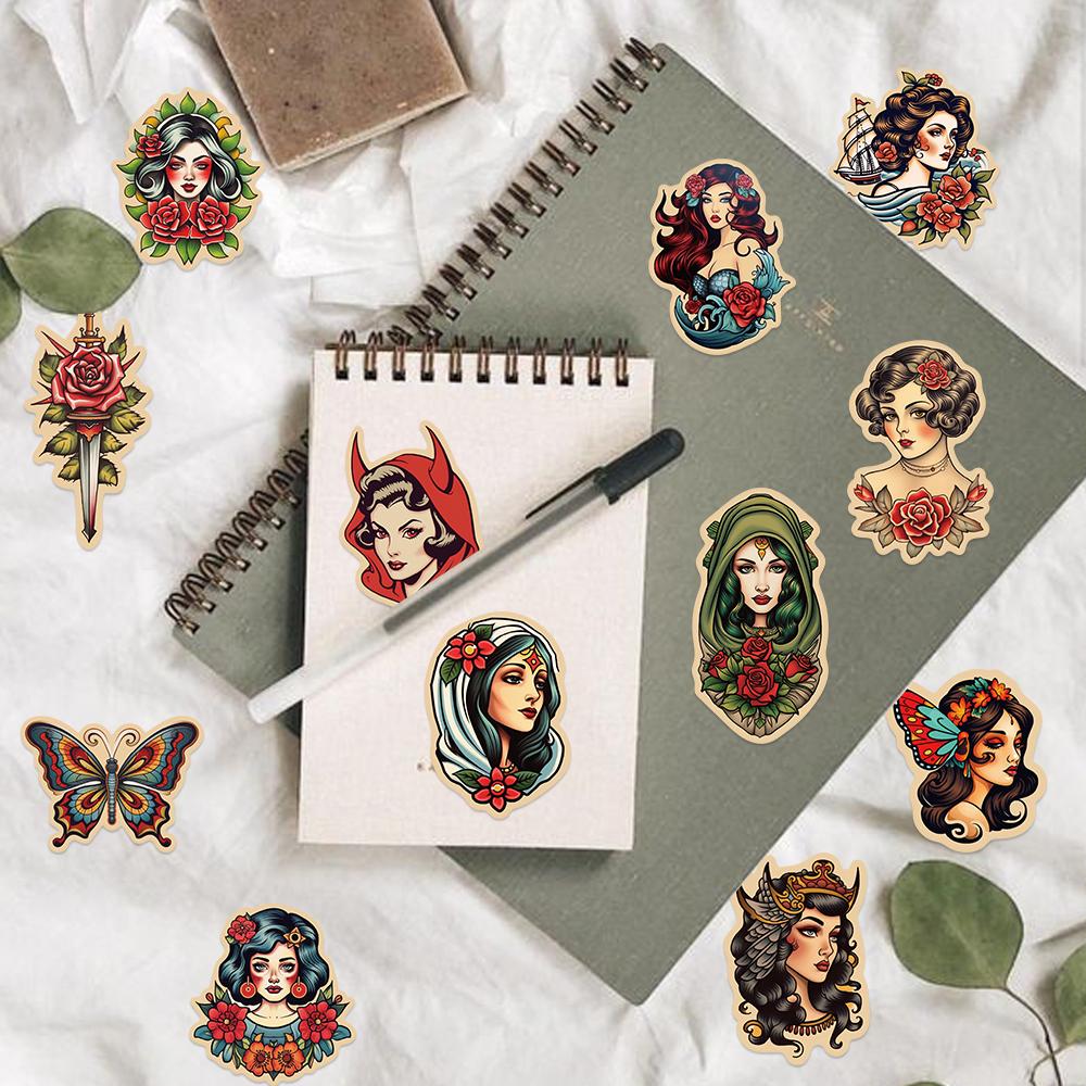 50PCS European and Retro Women Girl Sticker Graffiti DIY Car Refrigerator Skateboard Motorcycle Waterproof Sticker