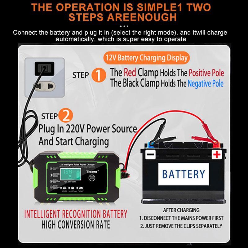 12V 6A Battery Charger for Car Motorcycle Full Automatic Multi-Function Pulse Repair Touch Switch Screen and LCD Display for Wet Dry Lead Acid GZW
