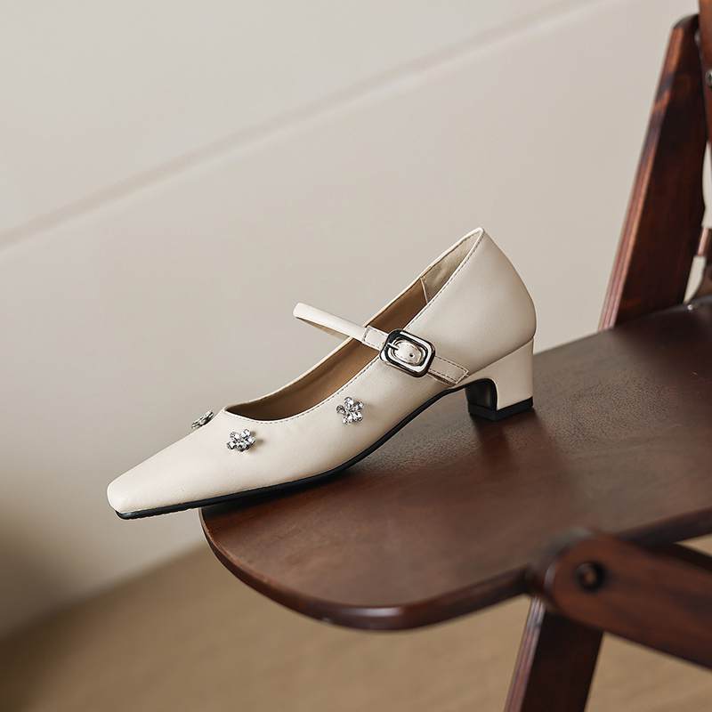 Krazing Pot Microfiber Square Toe Thick Med Heels Spring Summer Shoes Big Size 43 Flowers Decoration Women Office Lady Pumps