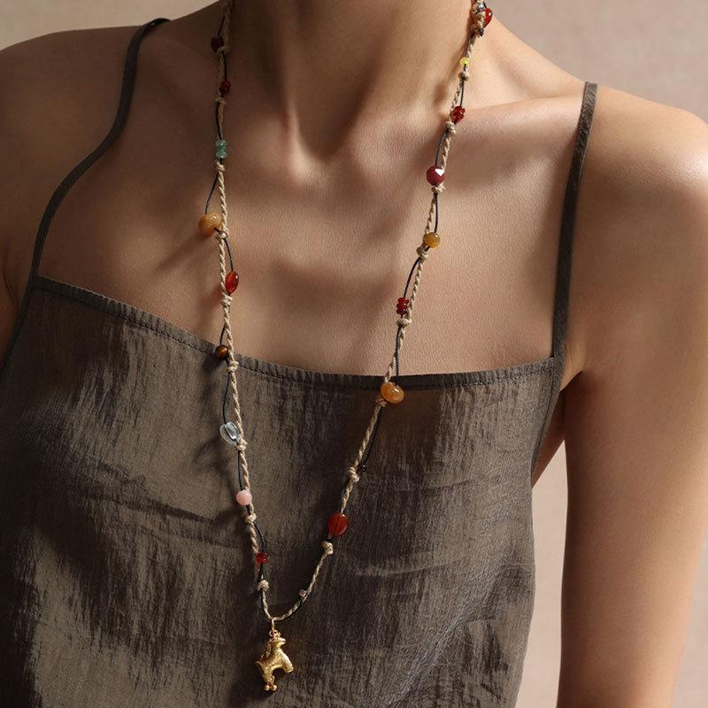 Minar Cartoon Colorful Natural Stone Pony Pendant Necklace Woven Rope Horse Collarbone Double Layers Metallic Chain Choker