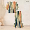 Women Plus Size Round Neck Batwing Short Sleeve Blue Green Printed Ruffle Hem Top Fishtail Skirt Two Piece Set