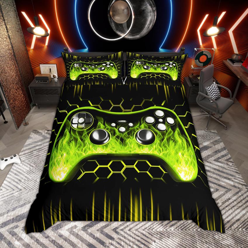 Homewish Pojkar Spelare Gaming Påslakan Set Neonlys Honungskaka Sängkläder Svart Vändbart Täckeöverdrag Set