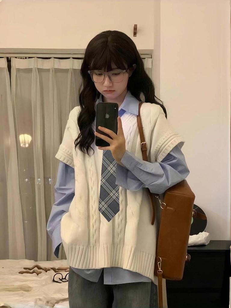 Women's Preppy Korean Knitted Vest & Shirt Set - Spring/Autumn JK Style
