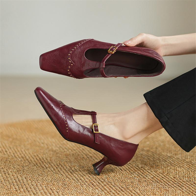 Fashion New Spring/Summer Genuine Leather Women Pumps Shoes for Women Fashion Rivet Square Toe Mary Jane Shoes Women Handmade High Heels